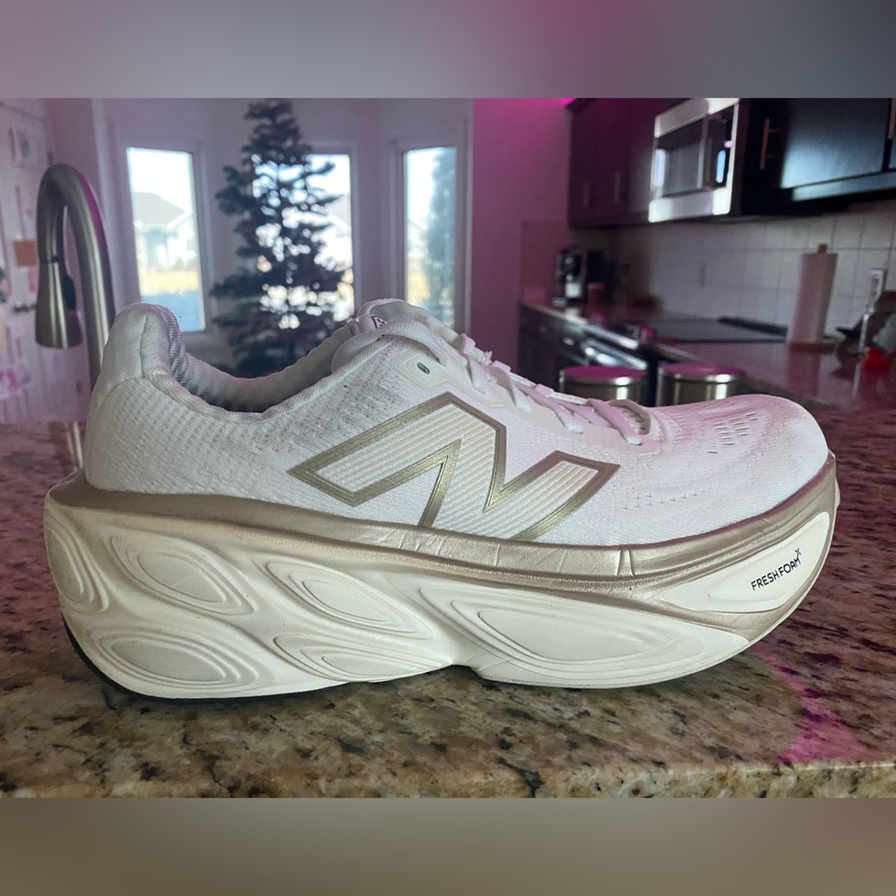 New Balance Fresh Foam x More v5 White and Gold Athletic Shoes